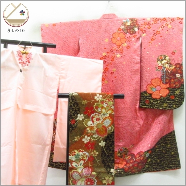 * kimono 10* 1 jpy silk child kimono for girl Junior for aperture stop gold paint . Sakura wistaria underskirt * obi set . length 132cm.58cm [ including in a package possible ] *****