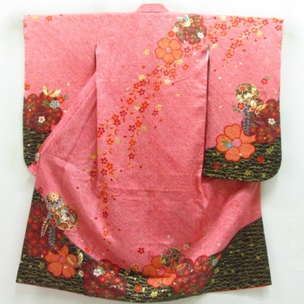 * kimono 10* 1 jpy silk child kimono for girl Junior for aperture stop gold paint . Sakura wistaria underskirt * obi set . length 132cm.58cm [ including in a package possible ] *****