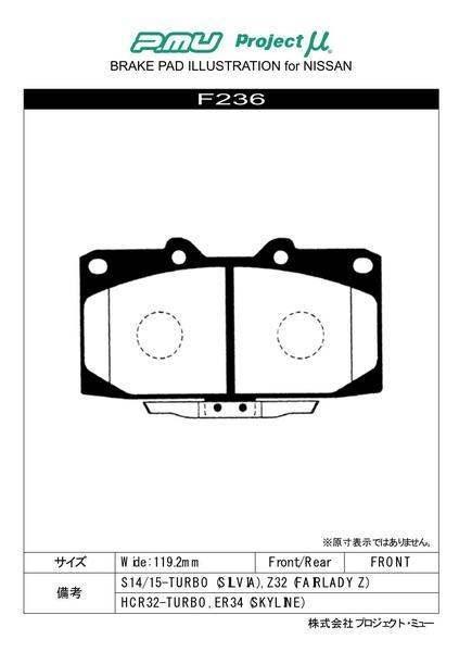 プロジェクトμ タイプHC+ フロント左右セット ブレーキパッド スカイライン ER33 F236 プロジェクトミュー プロミュー TYPE HCプラス_画像2