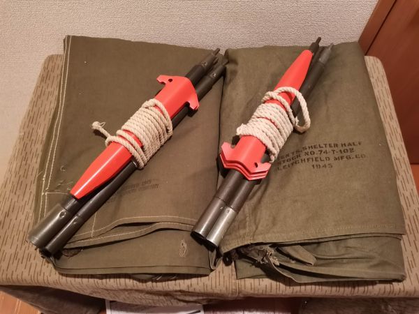 【軍放出品】王道！　アメリカ軍幕　パップテント　シェルターハーフテント　ポール・ロープ・ペグ付き 1945年【美品】