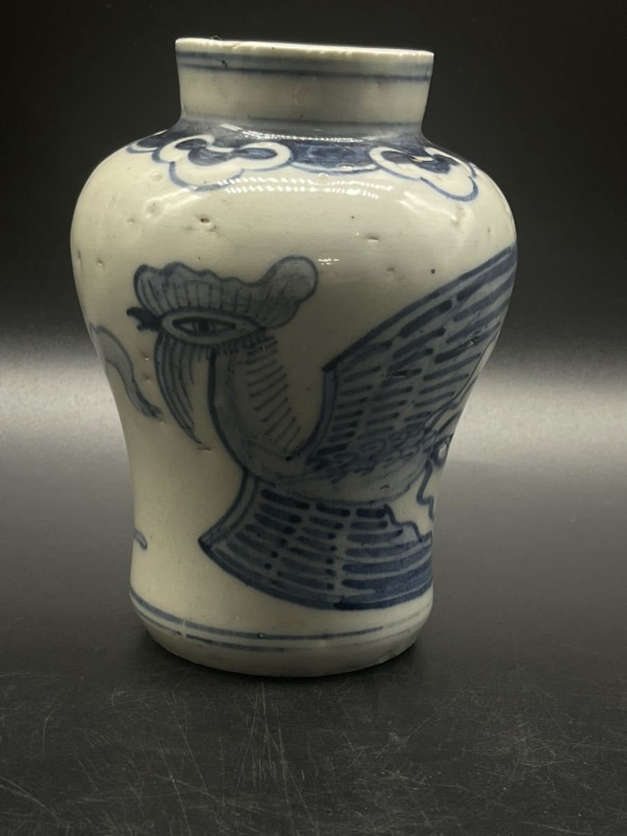 朝鮮美術 李朝 高麗白磁 染付 鶴草文瓶 高さ約30.5cm M R5483B-