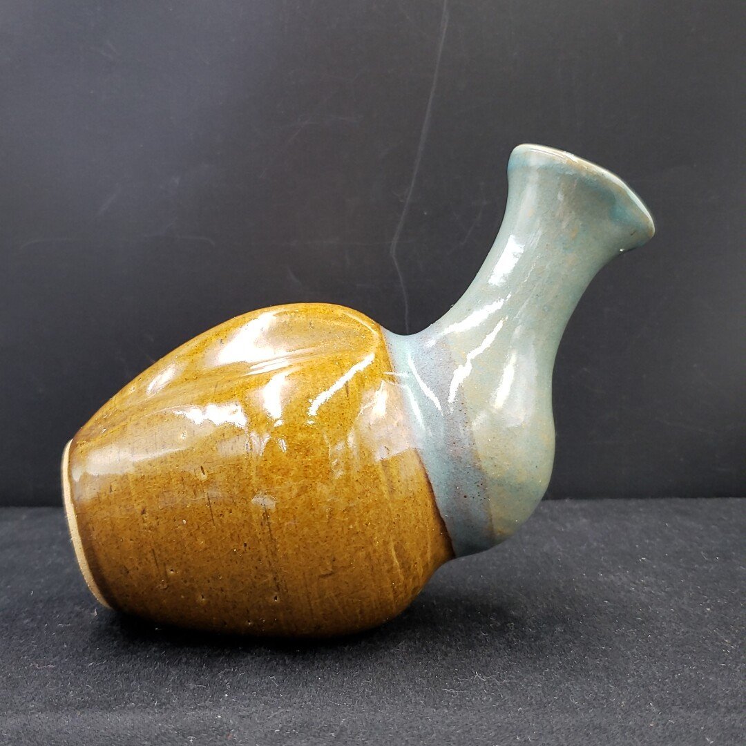 鳩徳利 小杉焼 勅仙 全長約16.5cm 酒器 徳利 越中小杉焼 勅仙作 篠原勅仙 長野松代焼 緑釉 青 茶色 【60s747】_画像2