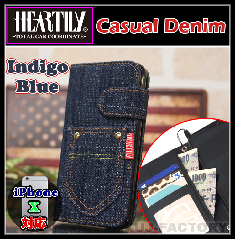 [HEARTILY/ is - Terry / outside fixed form correspondence ]*iPhoneⅩ( iPhone Ⅹ) smartphone case / indigo blue * casual Denim cover dressing up . notebook type 