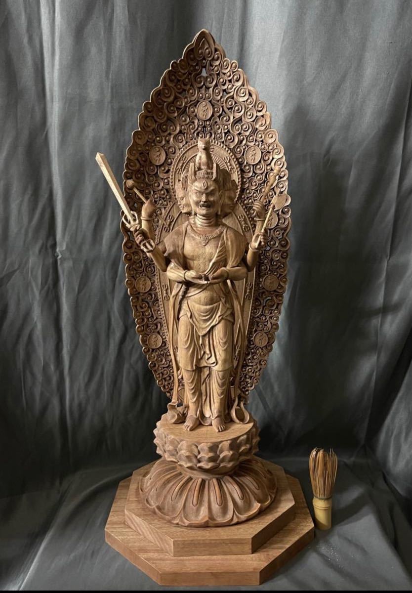 大型高62cm 井波彫刻 仏教工芸品 総楠製 極上彫 木彫仏像 馬頭観音菩薩