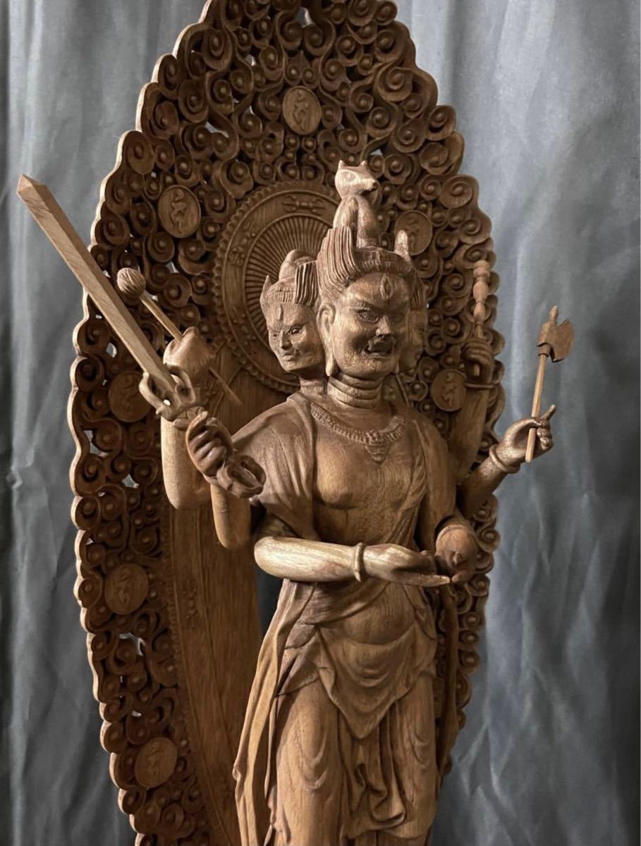大型高62cm 井波彫刻　仏教工芸品　総楠製　極上彫　木彫仏像　馬頭観音菩薩立像