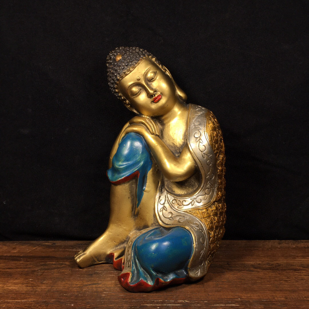 清・仏教古美術・古銅彫・銅胎・金鍍・彩繪・思維仏像極細工 置物古