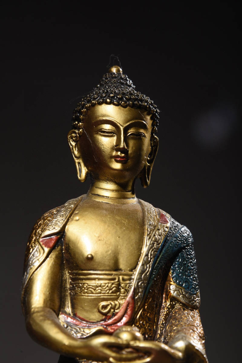 清・仏教古美術・古銅彫・銅胎・金鍍・彩繪・釋迦摩尼像 』極細 清・仏教古美術・古銅彫・銅胎・金鍍・彩繪・釋迦摩尼像 』極細