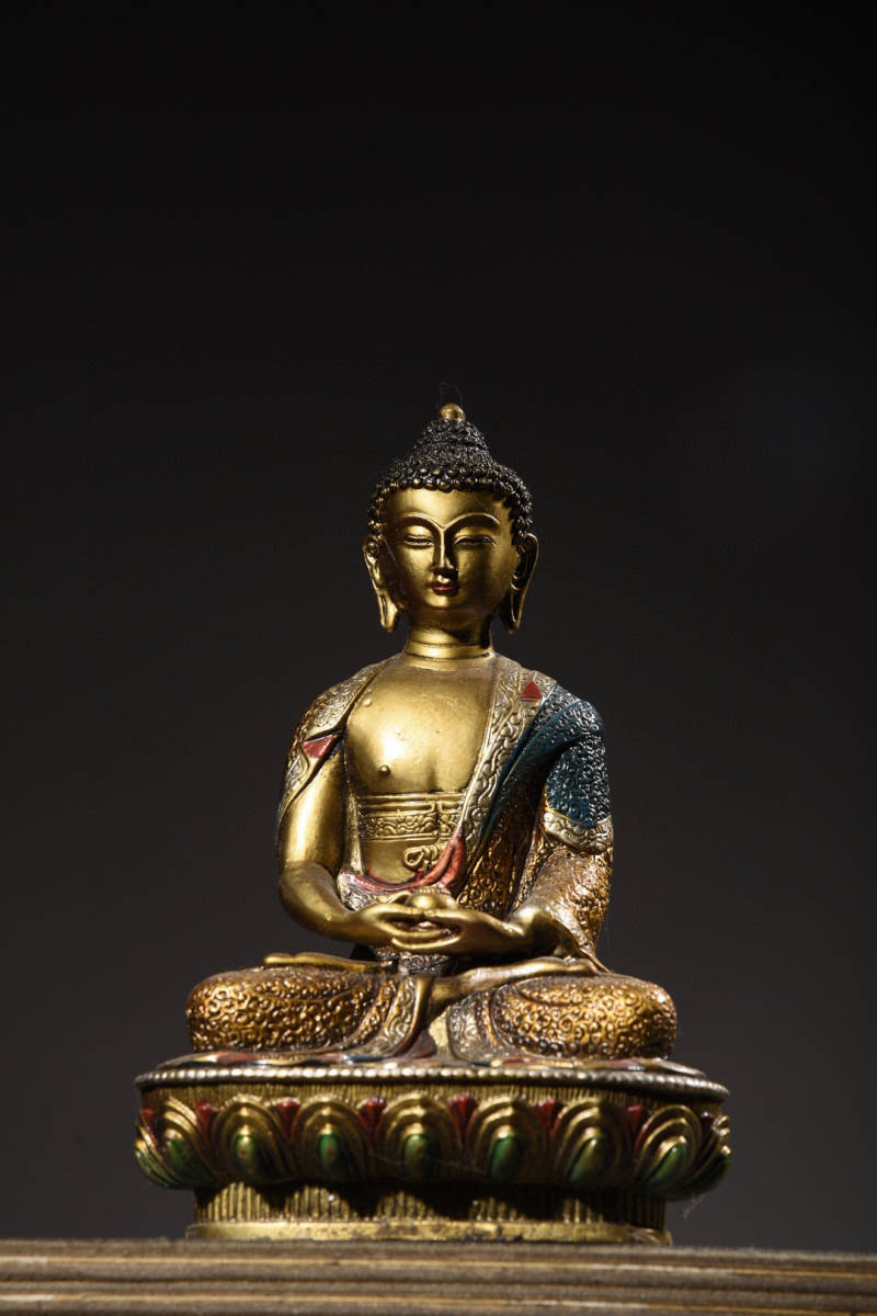 清・仏教古美術・古銅彫・銅胎・金鍍・彩繪・釋迦摩尼像 』極細工 置物