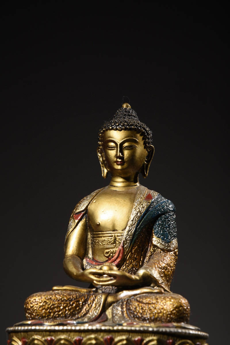 清・仏教古美術・古銅彫・銅胎・金鍍・彩繪・釋迦摩尼像 』極細工 置物