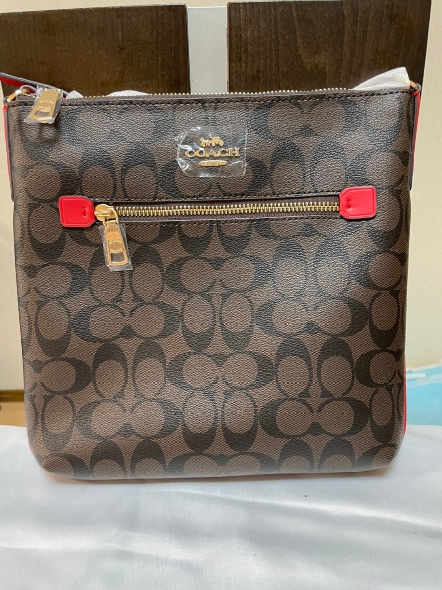 COACH ショルダーバッグ シグネチャー ブラウン レッド レディース