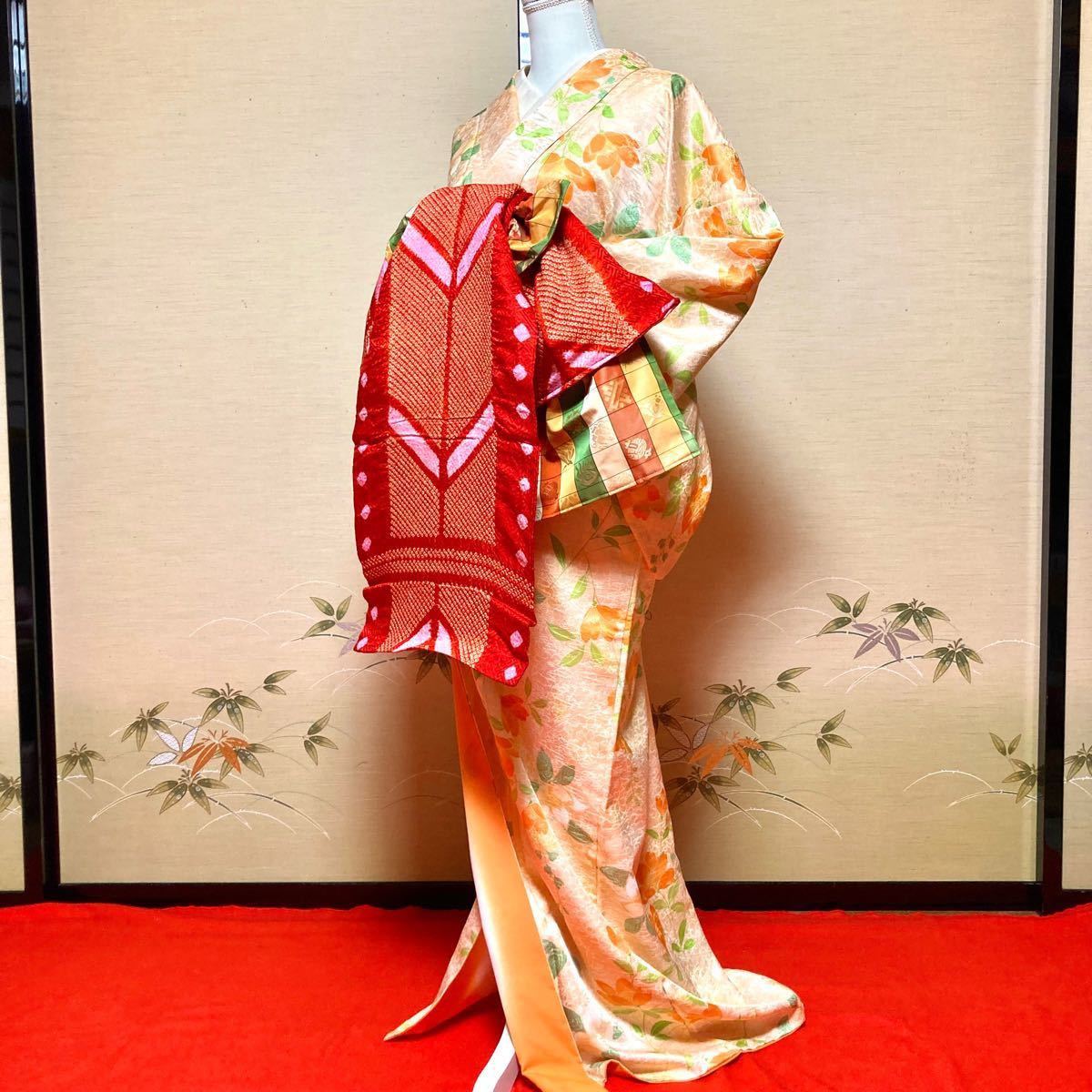 竜宮 六 雛鈴花魁衣装俎板帯『千代絞に四季彩紋枡格子』合わせ『山茶花小紋』