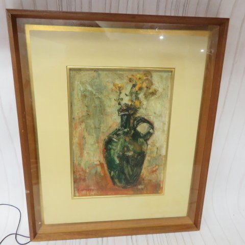 m001 真作保証岡本由郎OKAMOTO 花花瓶額装油彩静物画現状約46×56cm