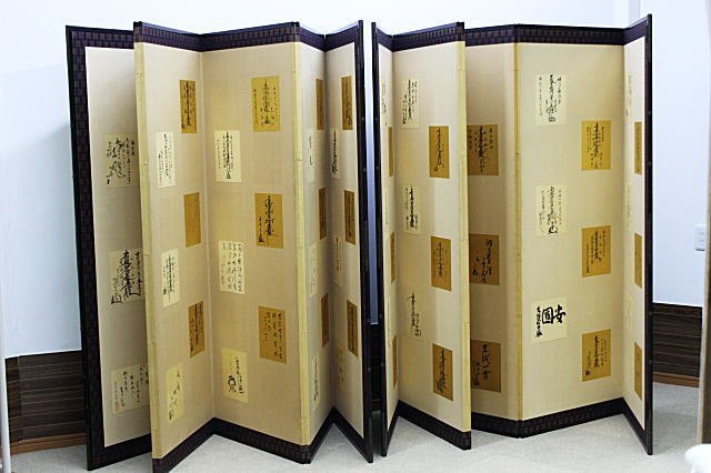 昭和初期 小色紙貼り屏風 六曲屏風（ 仏教書貼り）二隻セット 古文書屏風 昭和レトロ（昭和二年） 7641