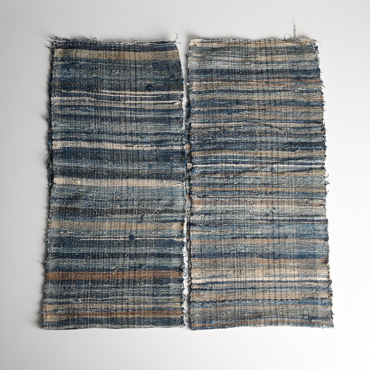 古布 時代 藍染 裂き織り 一枚布 計2点 長さ約1560mm 縞 帯 反物 古代
