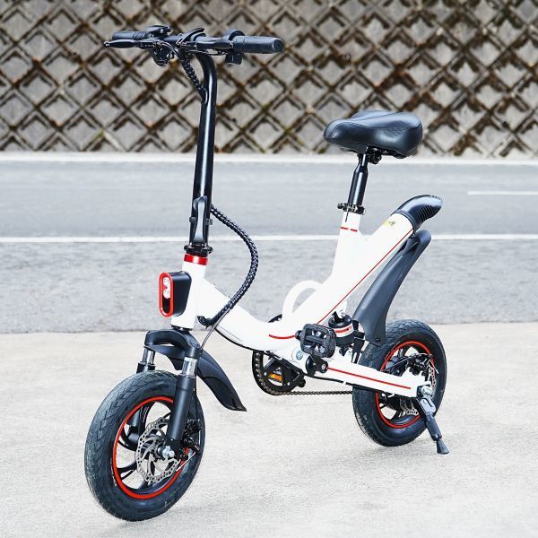 電動バイク機能搭載♪コンパクトな折り畳み式 電動アシスト自転車 12インチモデル！前後ディスクブレーキ・サスペンション採用！V1ホワイト