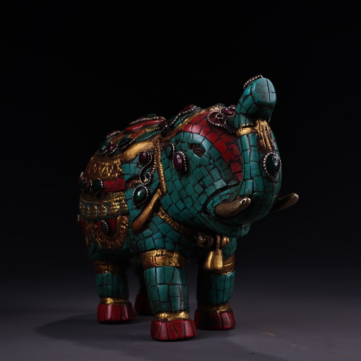 「赤玉」蔵出！C536仏教美術 チベット密教 十五世紀 銅製象嵌宝石彩絵象嵌宝石描金大象