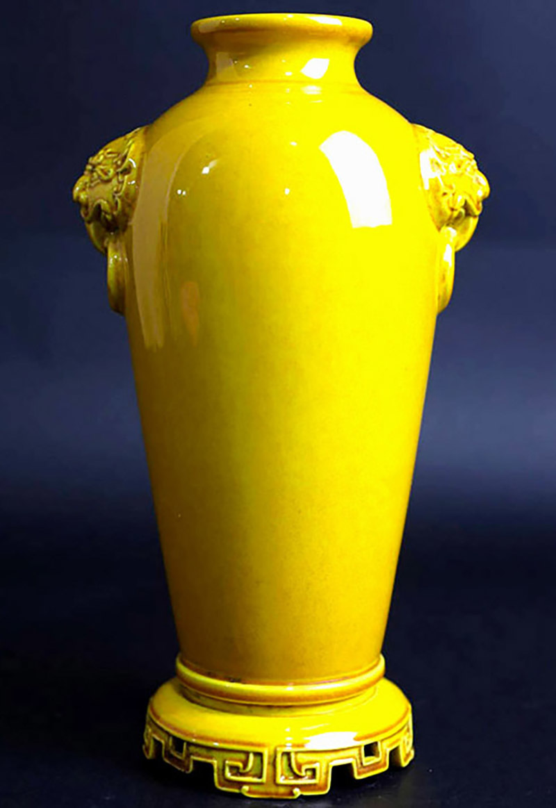 大清乾隆年製 黄釉獣耳瓶 古陶磁器 古賞物