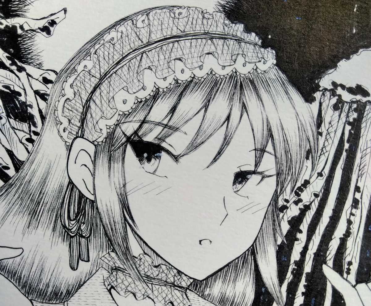 手描き☆イラスト☆白黒☆オリジナル☆A4サイズ☆少女とクラゲ