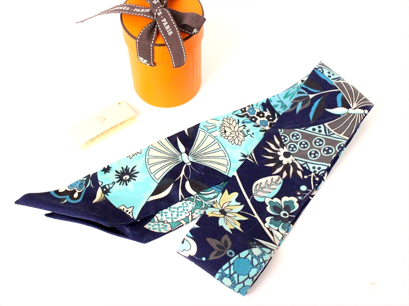 ☆HERMES【エルメス】ツイリー☆ネイビー×水色×グリーン系☆スカーフ