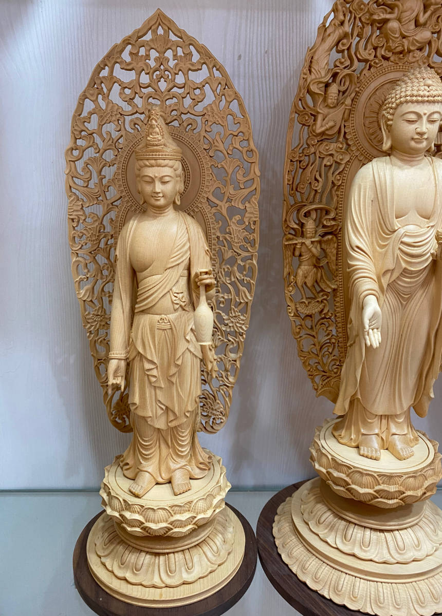 仏教工芸品 総柘植材 一刀彫 精密彫刻 極上品 阿弥陀如来三尊（観世音