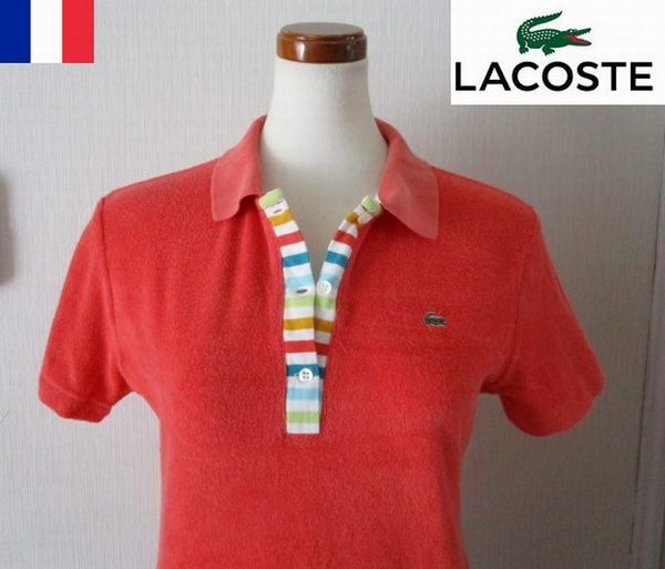 ★ レディース ラコステ LACOSTE デザイン 吸収性のある パイル地 半袖 ポロシャツ ４２サイズ （Lサイズ） オレンジ _画像1