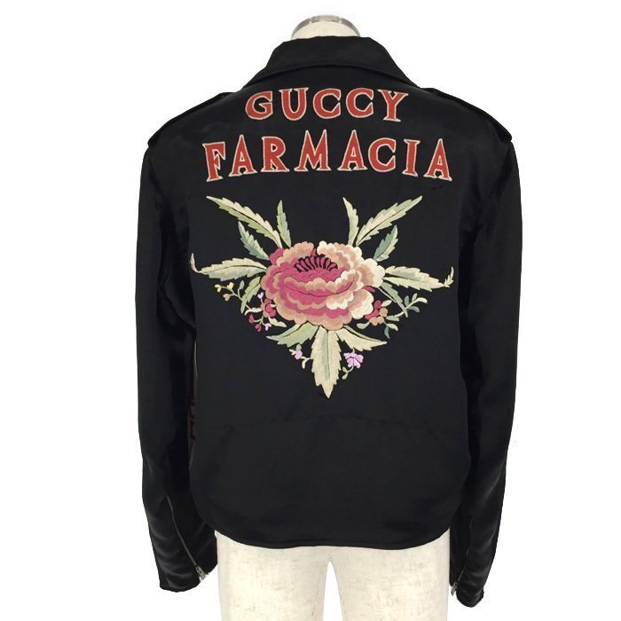 【美品】グッチ GUCCI 黒サテン GUCCY FARMACIA ライダース ブルゾン サイズ46 ブラック_画像1