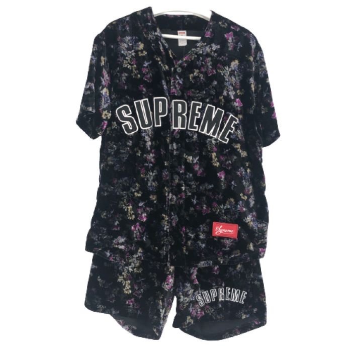 シュプリーム Supreme フローラル ベロア ベースボールシャツ ショートパンツ セットアップ ブラック 花柄