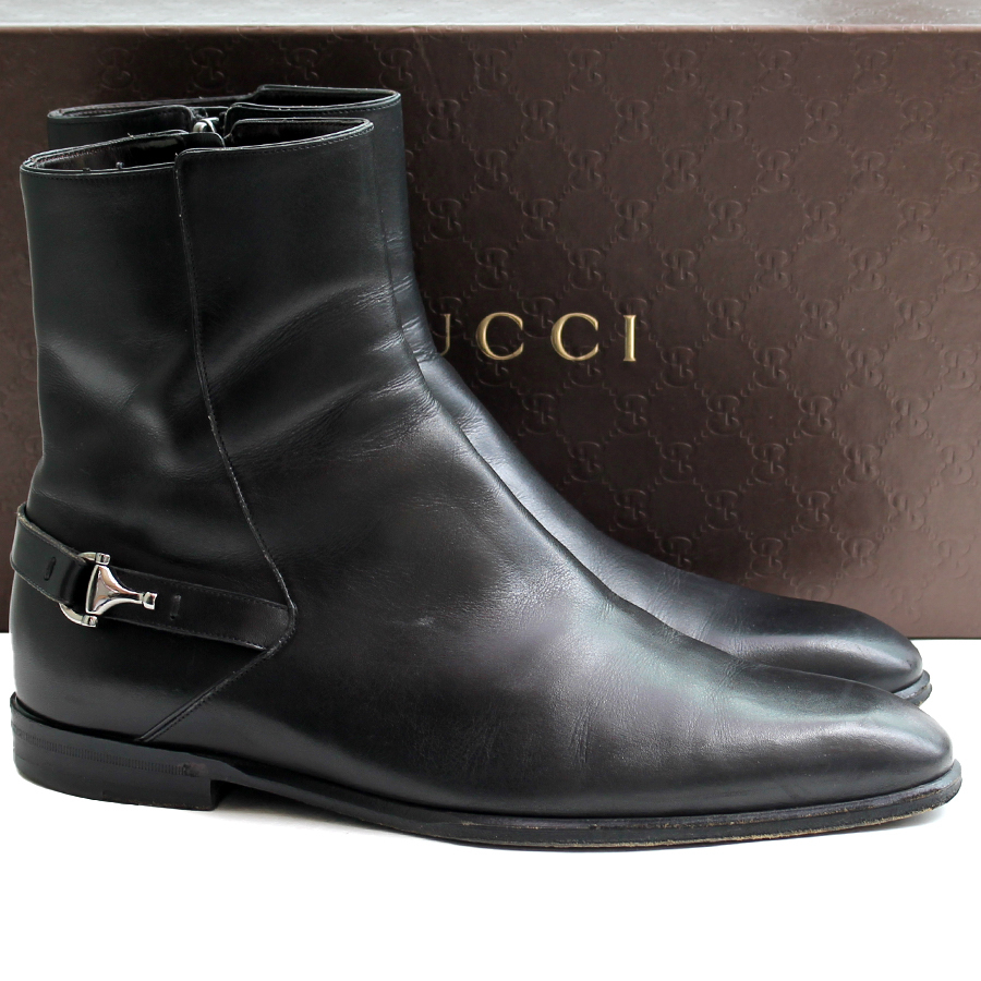 イタリア製★GUCCI グッチ★サイドジップブーツ 39.5=24.5 ホースビット 147257 ショートブーツ メンズ ブラック レザー p  q-722