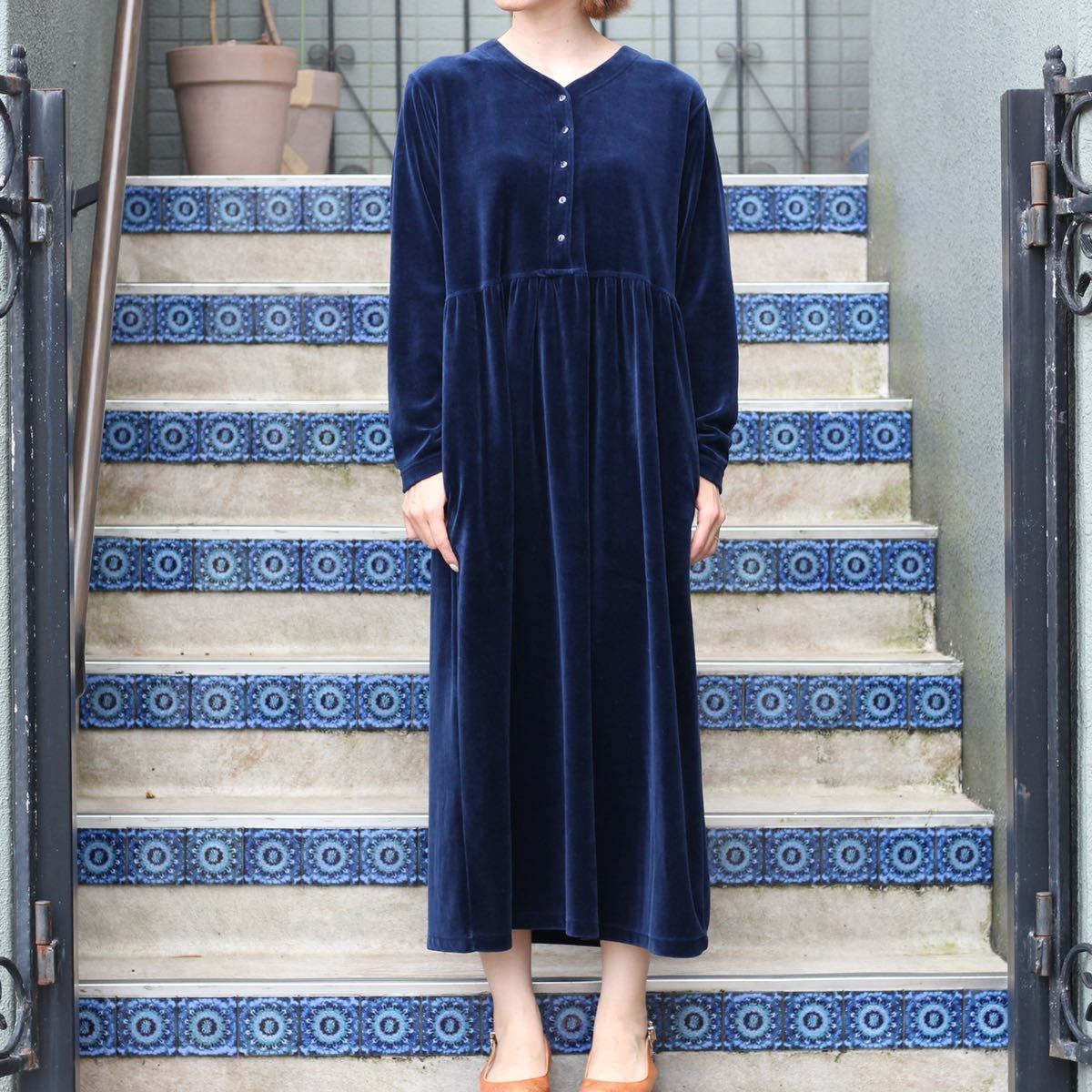 USA VINTAGE c&b NAVY COLOR VELOUR LONG ONE PIECE/アメリカ古着ネイビーカラーベロアロングワンピース