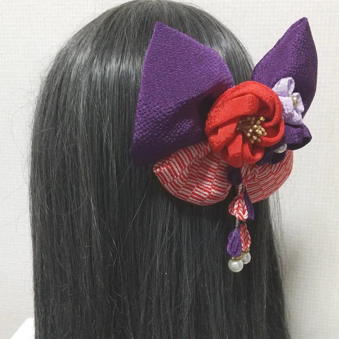 髪飾り 髪飾り赤 髪飾り紫 リボン ハイカラさんリボン 成人式 卒業式 七五三 つまみ細工 