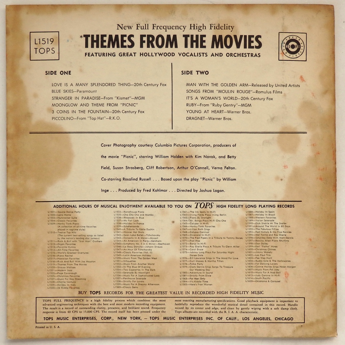 LP THEMES FROM THE MOVIES FEATURING GREAT HOLLYWOOD VOCALISTS AND ORCHESTRAS TOPS L1519 米盤_画像2