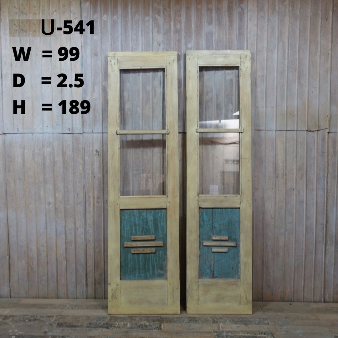 U-541 W99×H189 ドアノブ外し穴修復済み 古いチーク材 観音開きアンティークドア 2枚組 リノベーション ガラス扉 木製建具 ftg
