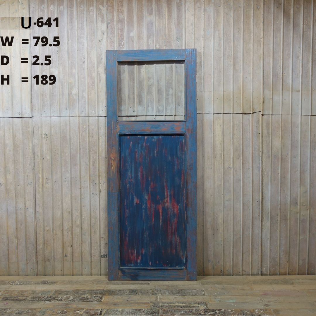 U-641≡ W79.5×H189 木製のドア 片開き アンティーク ガラス扉 チーク材 店舗リノベーション 古い洋館の木製建具 シャビーシック DIY ftg