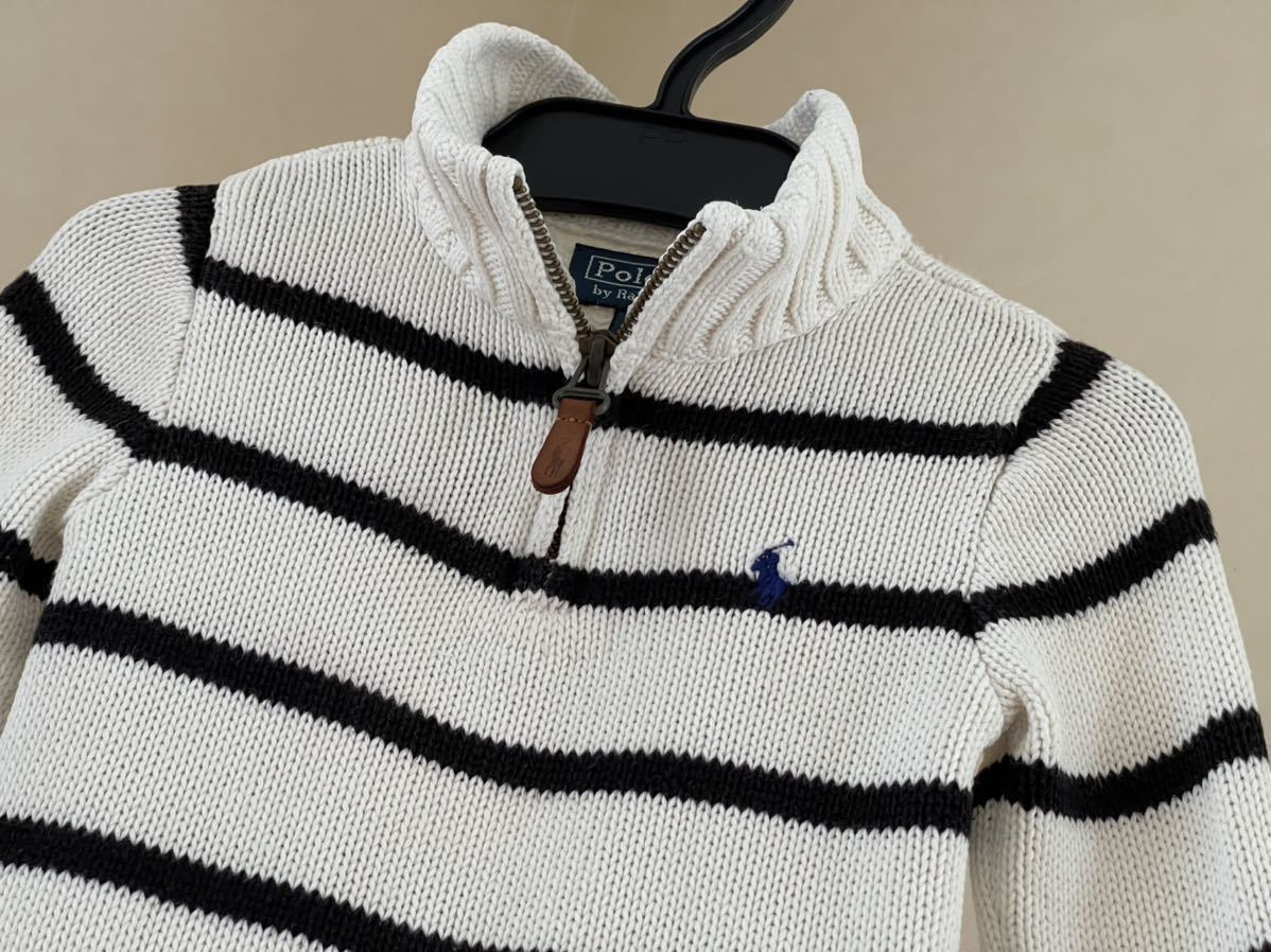 超美品 Ralph Lauren(ラルフローレン)ニット セーター 80cm(12M)ベビー キッズ 使用２回 ホワイト ブラック ボーダー  ラルフローレン.株 綿