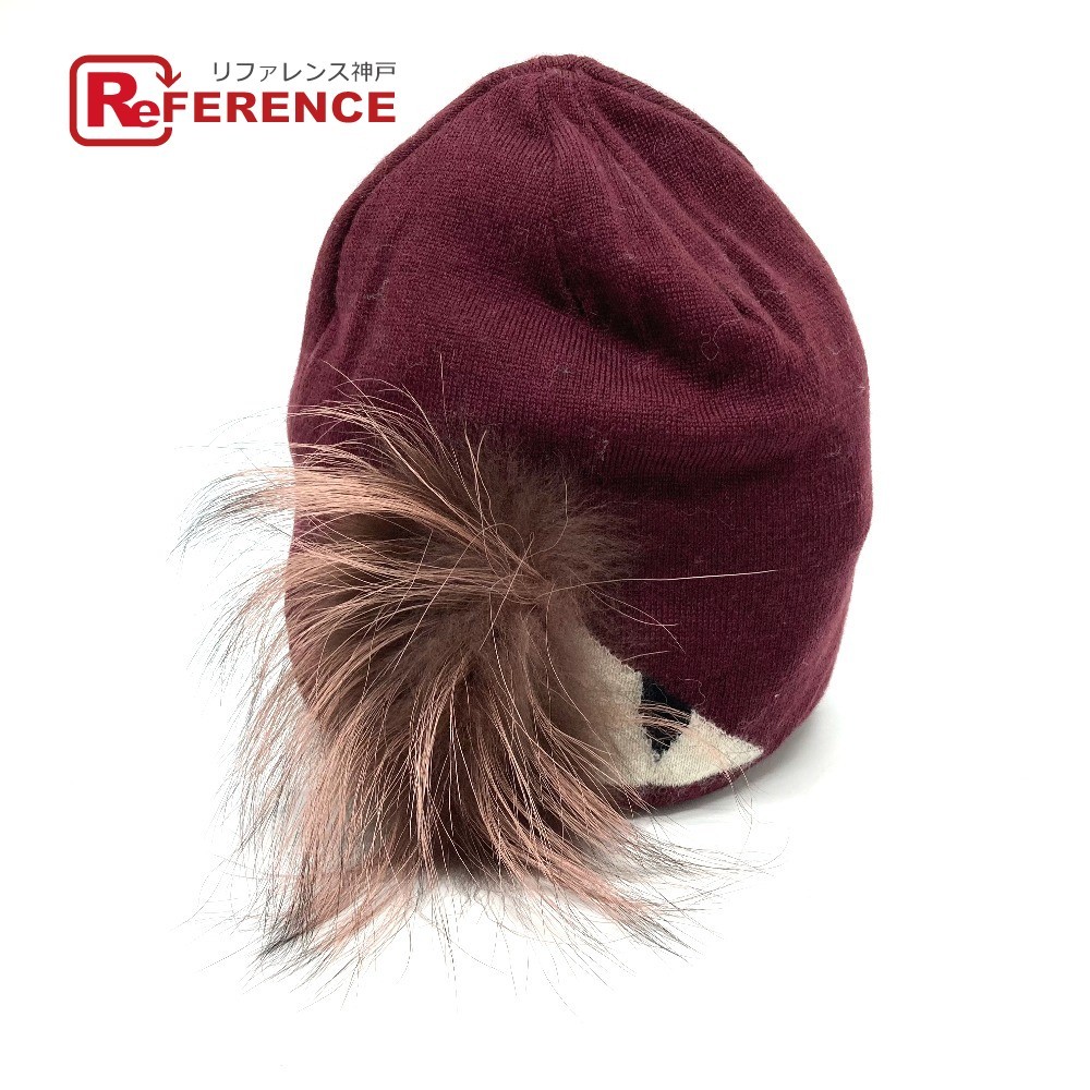  as good as new FENDI Fendi FXQ538 fur Monstar silver fox attaching knitted cap wool wine red × white [ used ]