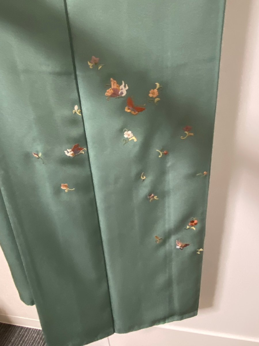  кимоно установка ниже tsukesage японская одежда женщина женский оттенок зеленого вышивка бабочка вышивка шелк шелк покрой завершено б/у бесплатная доставка 