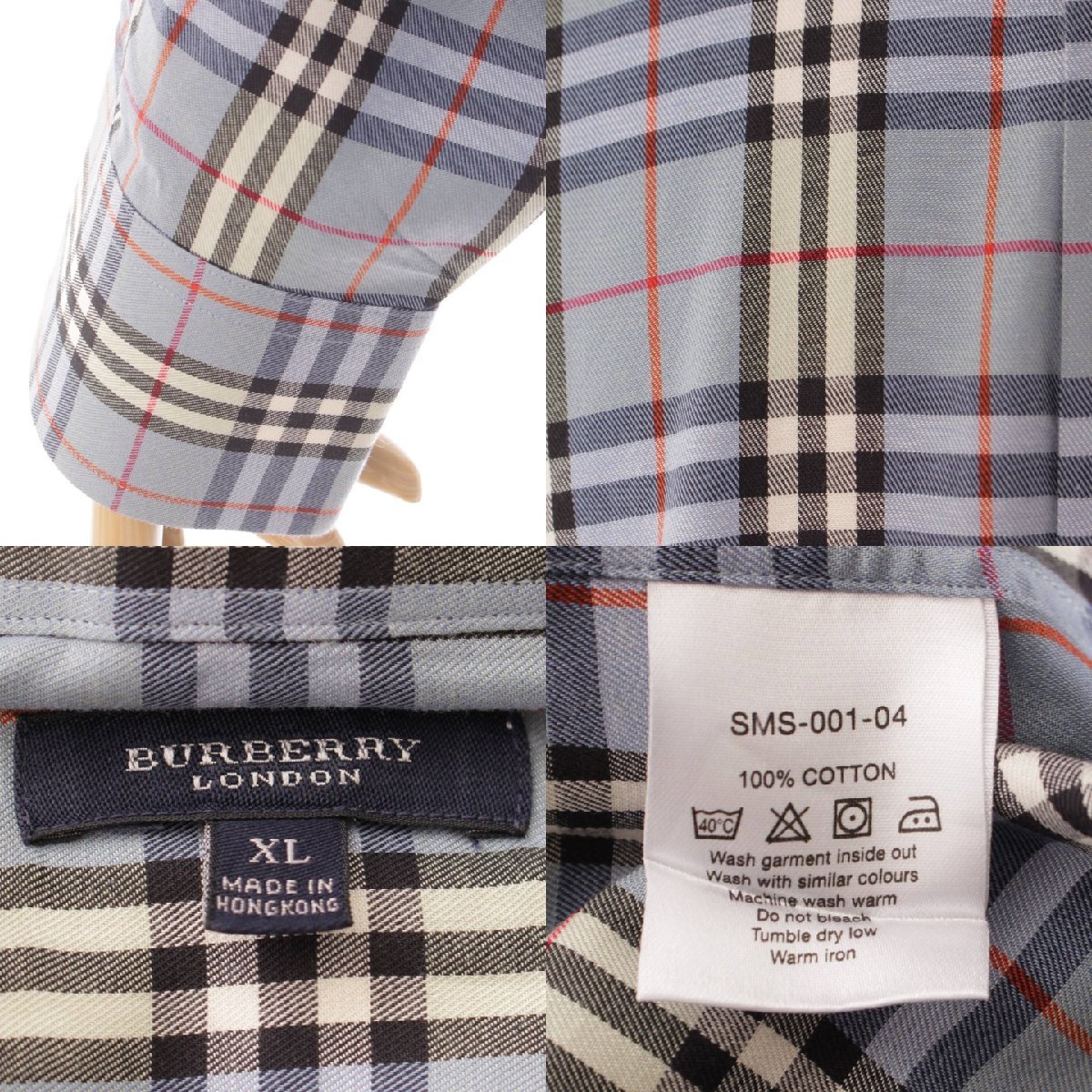 【バーバリー】Burberry　メンズ コットン 長袖 チェック カジュアルシャツ SMS-001-04 ブルー XL 【中古】【正規品保証】163211_画像8