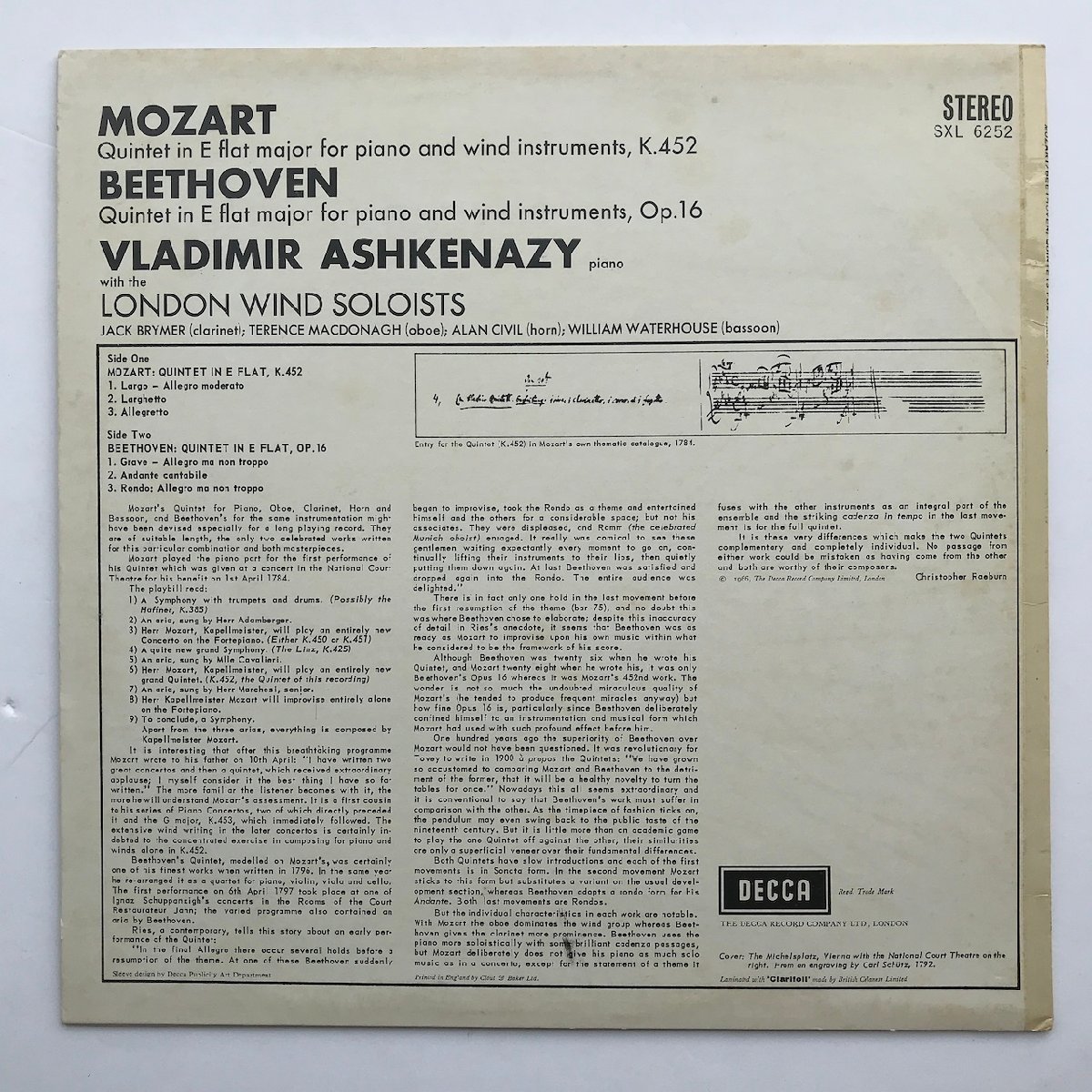 LP/アシュケナージ、ロンドン管楽合奏団/モーツァルト：Pfと管楽器のための五重奏 変ホ長調/UK盤 ED4 コーティングJK DECCA SXL-6252 0921の画像2