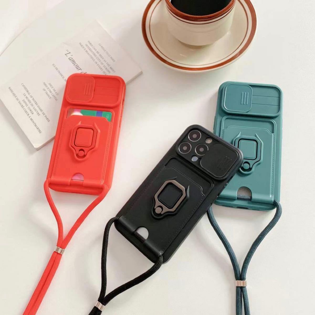 ショルダーiPhoneケースカメラスライドカバー付き カード収納付き ロープストラップ カラー：グリーン