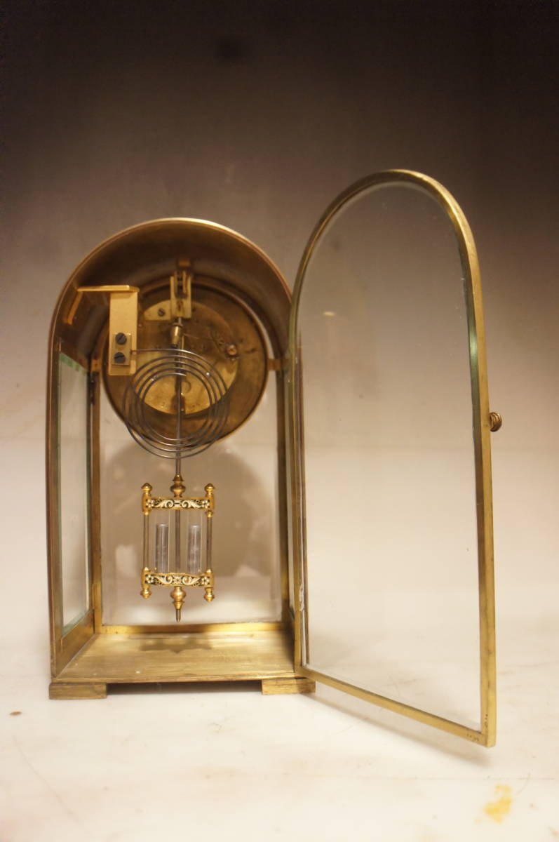 フランス製　高級ブランドJUST　１９００年前後　琺瑯文字盤　４面面取ガラスオルモルブロンズ　時打ち置き時計 　振り子式　手巻き可動品