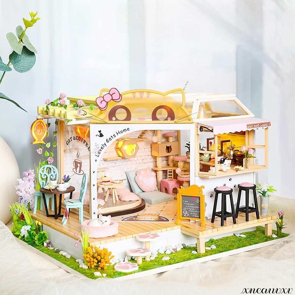 かわいいカフェの ドールハウス ミニチュア 1/24スケール 防塵カバー 人形 お家 おままごと 組み立て プレゼント 模型 おもちゃ