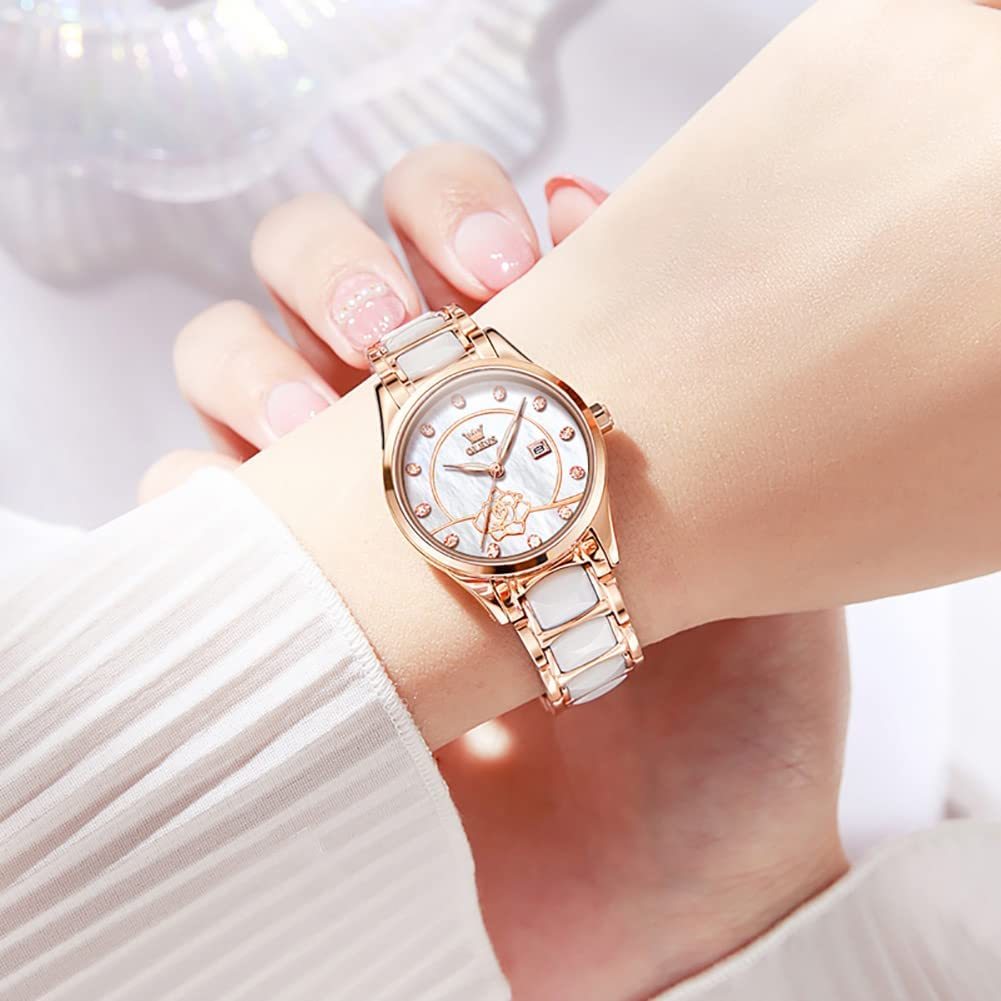 花柄 腕時計 ブレスレット付 ホワイト レディース 夜光 クオーツ 高品質 セラミック おしゃれ アナログ 女性 腕時計 ウォッチ プレゼント