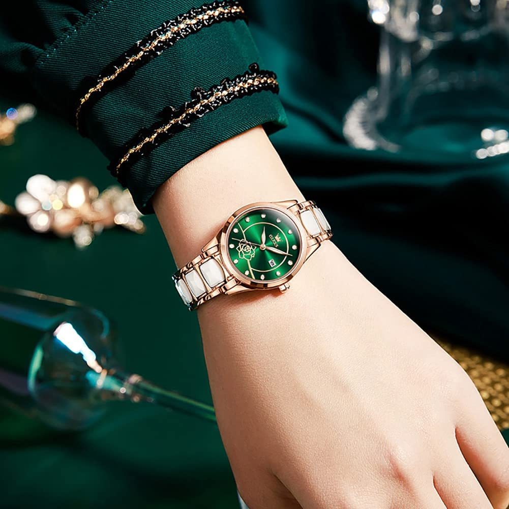 花柄 腕時計 ブレスレット付 グリーン レディース 夜光 クオーツ 高品質 セラミック おしゃれ アナログ 女性 腕時計 ウォッチ プレゼント