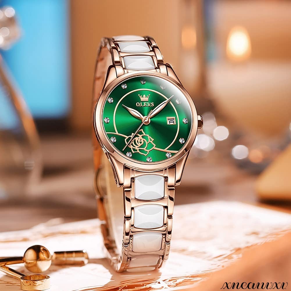 花柄 腕時計 ブレスレット付 グリーン レディース 夜光 クオーツ 高品質 セラミック おしゃれ アナログ 女性 腕時計 ウォッチ プレゼント