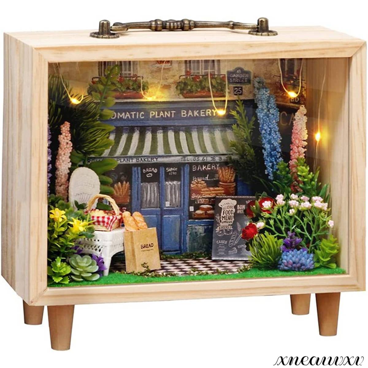 木の箱に入った ドールハウス パン屋さん ミニチュア LEDライト アクリルカバー 人形 お家 おままごと 組み立て プレゼント 模型 おもちゃ