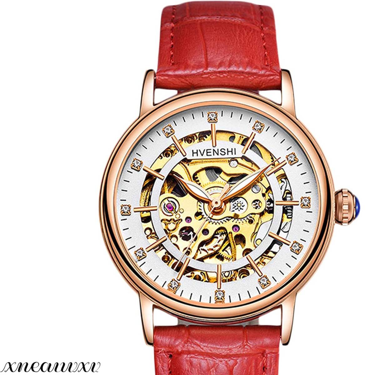 高品質な 腕時計 レッド スケルトン 本革 自動巻き 夜光 レディース