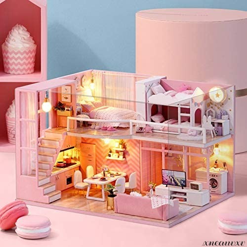 可愛いお家の ドールハウス ミニチュア LEDライト 1/24スケール アクリルケース 人形 お家 おままごと 組み立て プレゼント 模型 おもちゃ