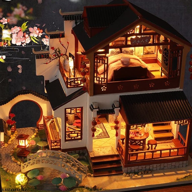 中華風 ドールハウス ミニチュア LEDライト アクリルケース 人形 お家 おままごと 組み立て プレゼント 模型 おもちゃ_画像1