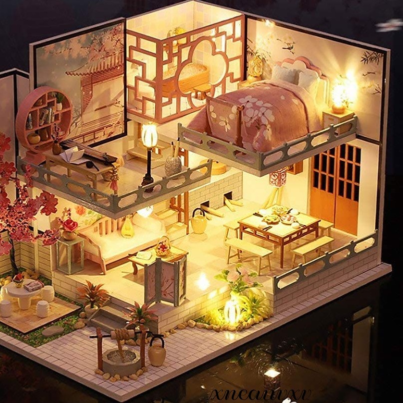 【予約販売品】 ミニチュア ドールハウス 中華風 LEDライト おもちゃ 模型 プレゼント 組み立て おままごと お家 人形 おしゃれ アクリルケース ドールハウス