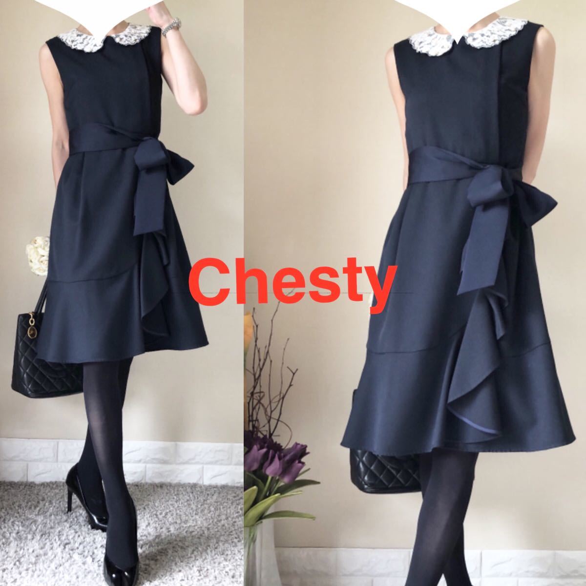 人気ブランド チェスティ Chesty 紺 七五三 S パール付きレースカラー